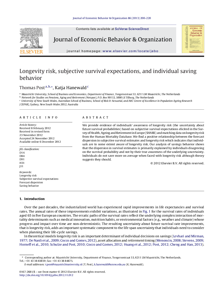 Longevity risk, subjective survival expectations, and individual saving behavior