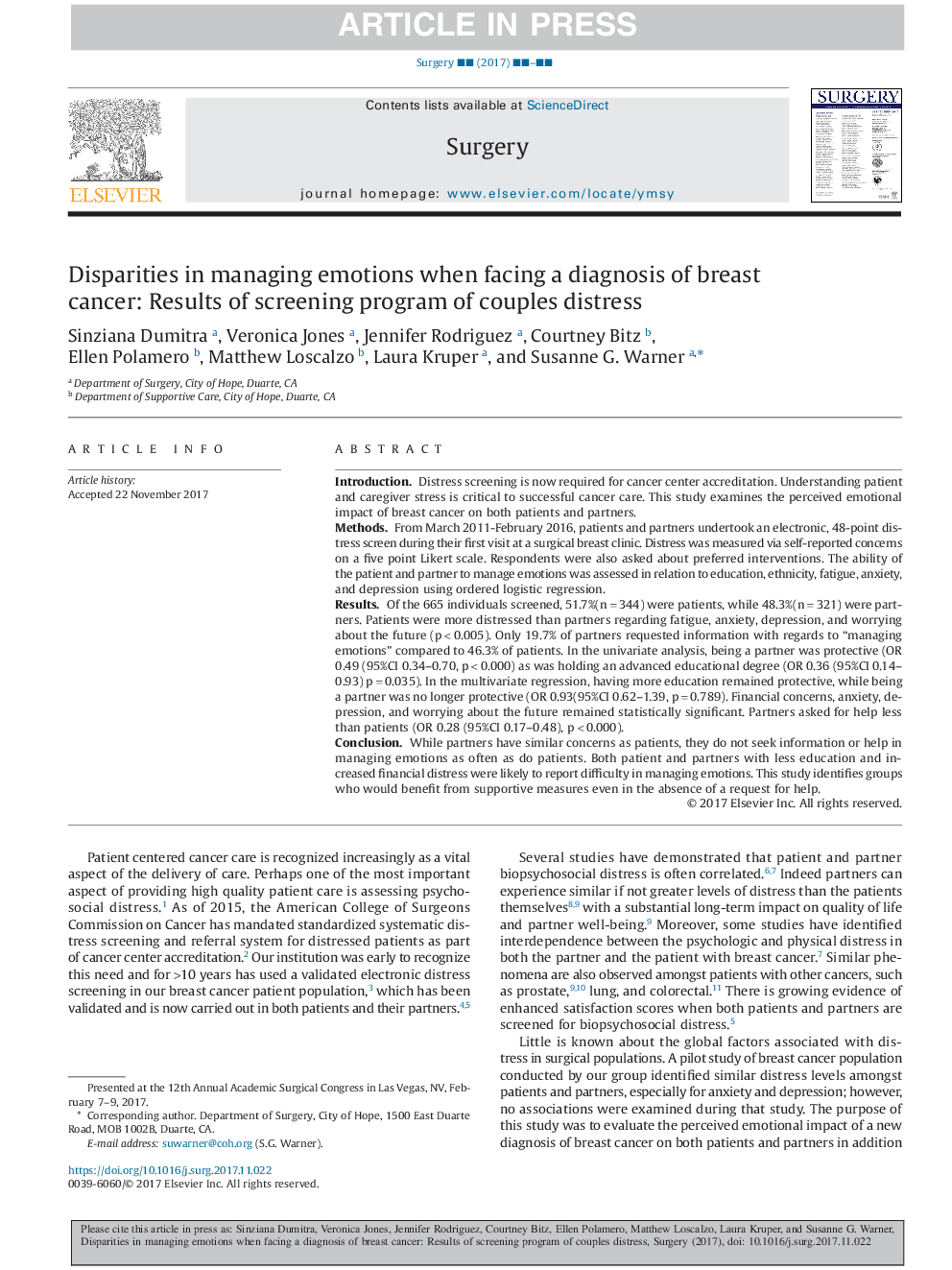 Disparities in managing emotions when facing a diagnosis of breast cancer: Results of screening program of couples distress