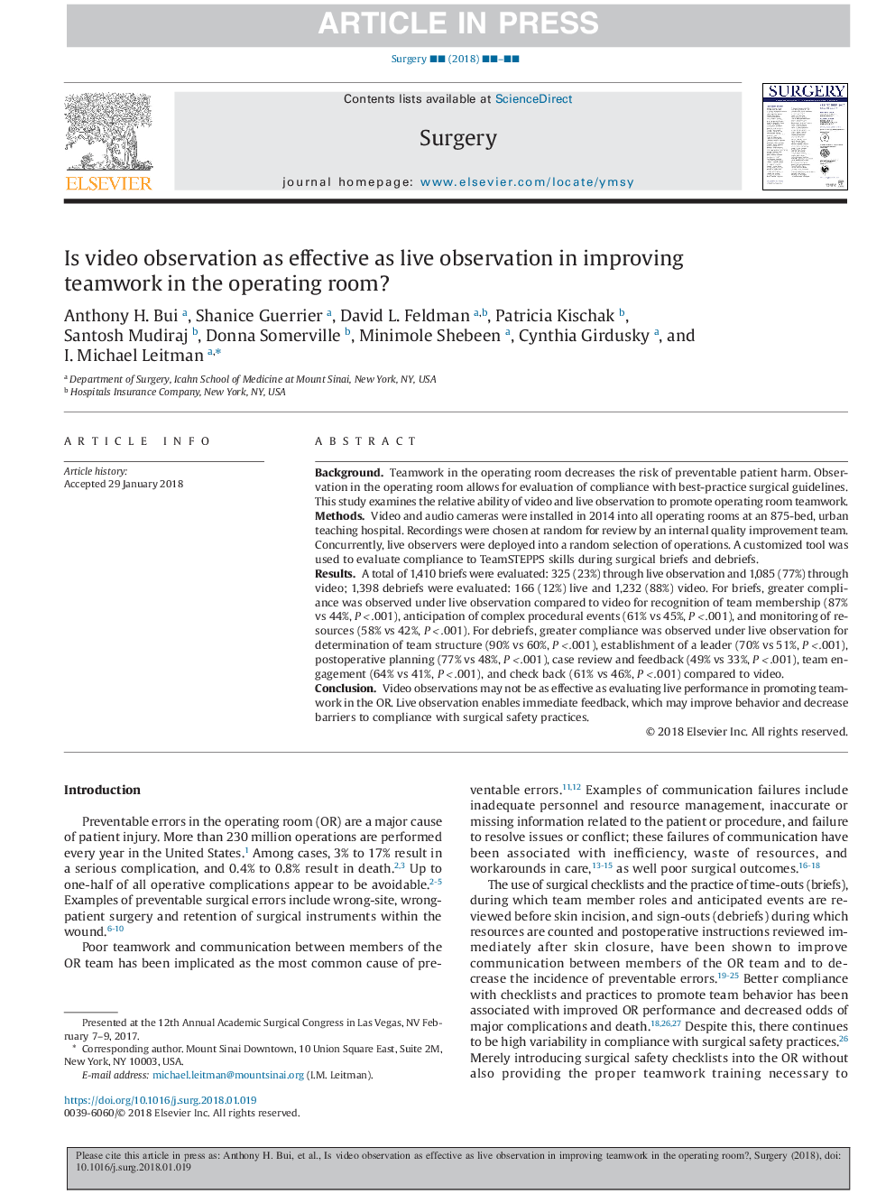 Is video observation as effective as live observation in improving teamwork in the operating room?