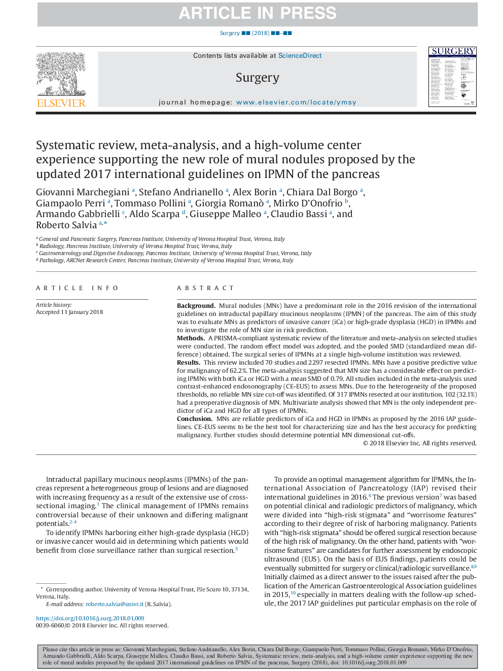 Systematic review, meta-analysis, and a high-volume center experience supporting the new role of mural nodules proposed by the updated 2017 international guidelines on IPMN of the pancreas