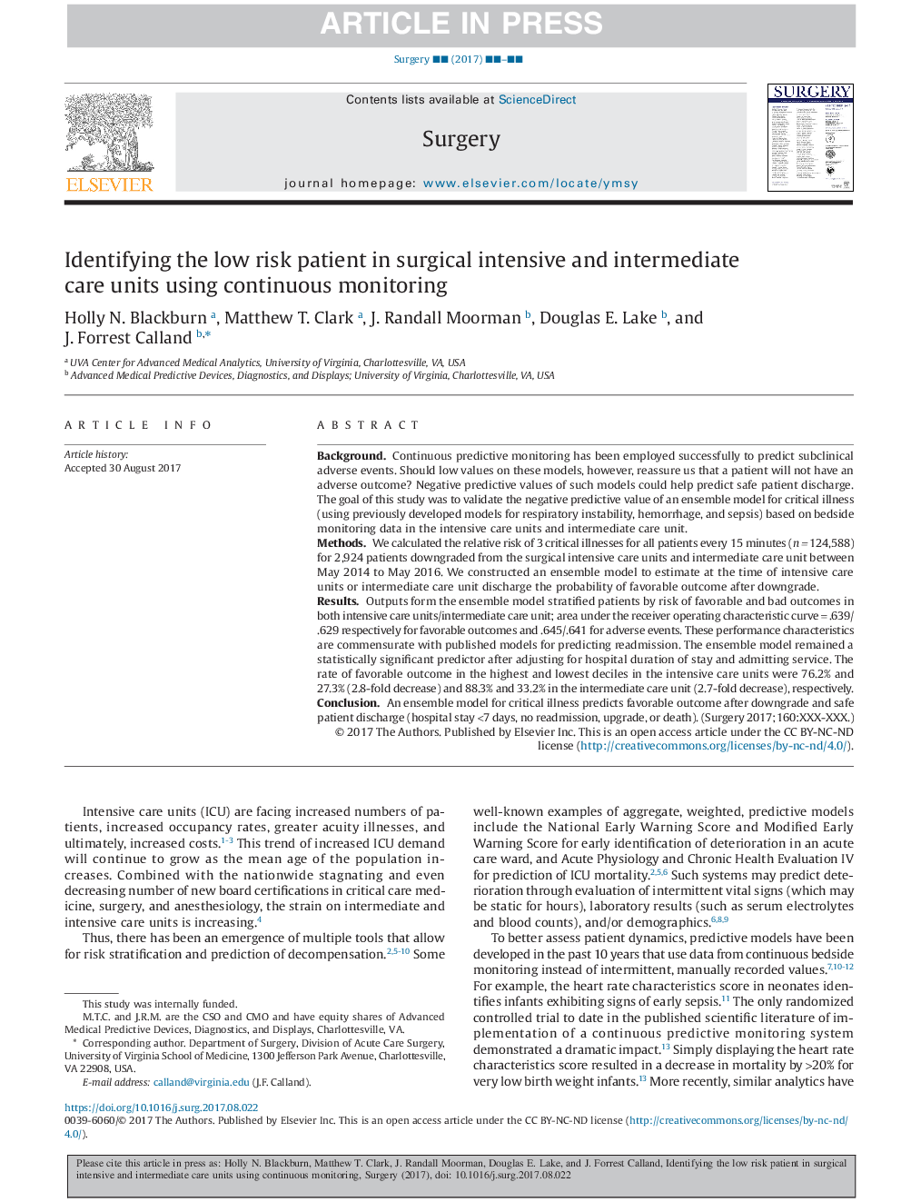 Identifying the low risk patient in surgical intensive and intermediate care units using continuous monitoring