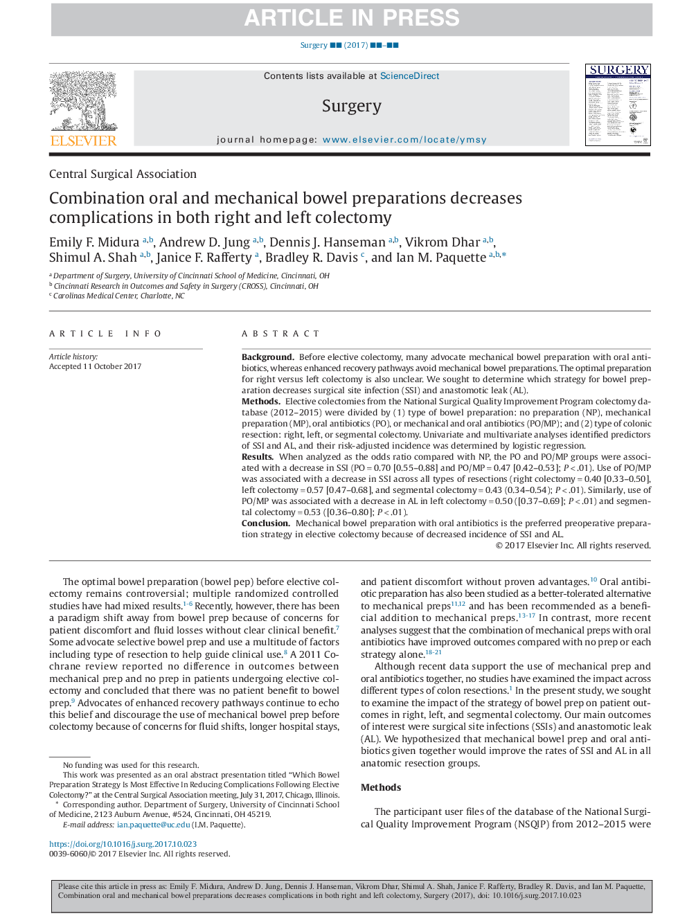 Combination oral and mechanical bowel preparations decreases complications in both right and left colectomy