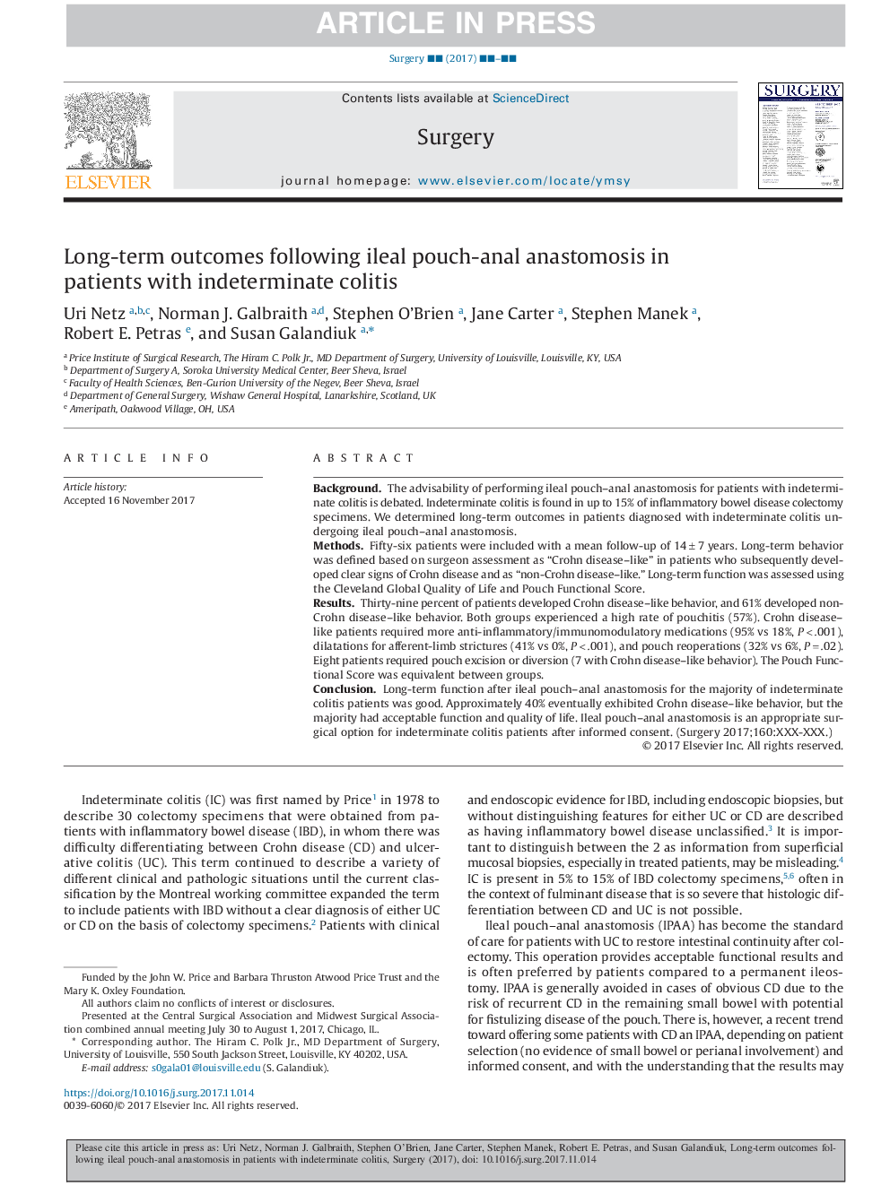 Long-term outcomes following ileal pouch-anal anastomosis in patients with indeterminate colitis