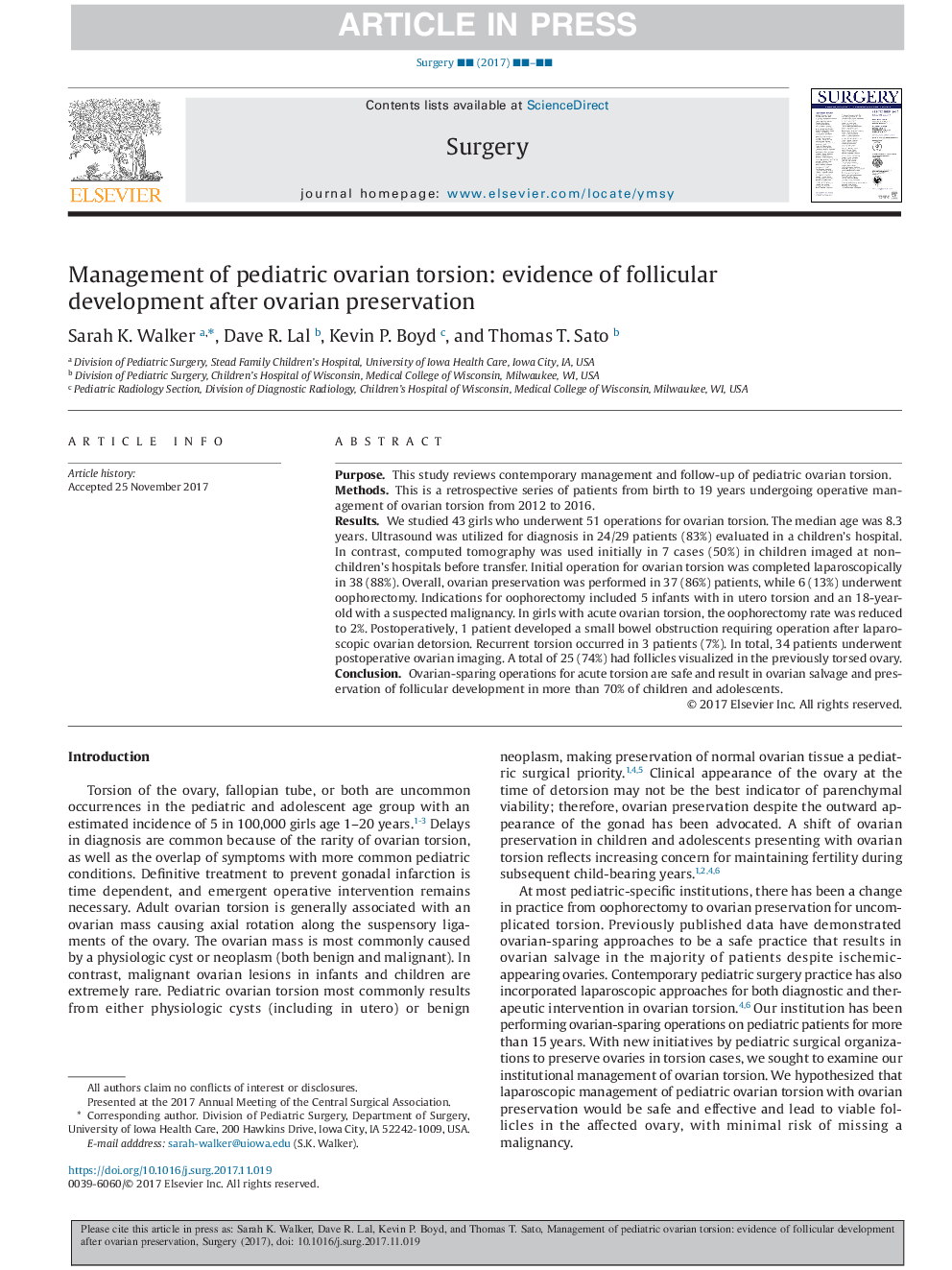 Management of pediatric ovarian torsion: evidence of follicular development after ovarian preservation