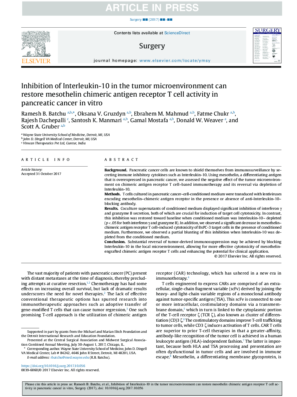 Inhibition of Interleukin-10 in the tumor microenvironment can restore mesothelin chimeric antigen receptor T cell activity in pancreatic cancer in vitro