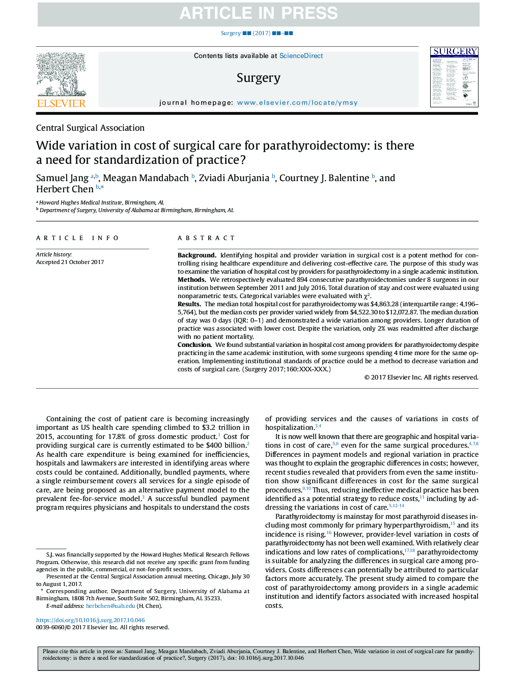 Wide variation in cost of surgical care for parathyroidectomy: is there a need for standardization of practice?