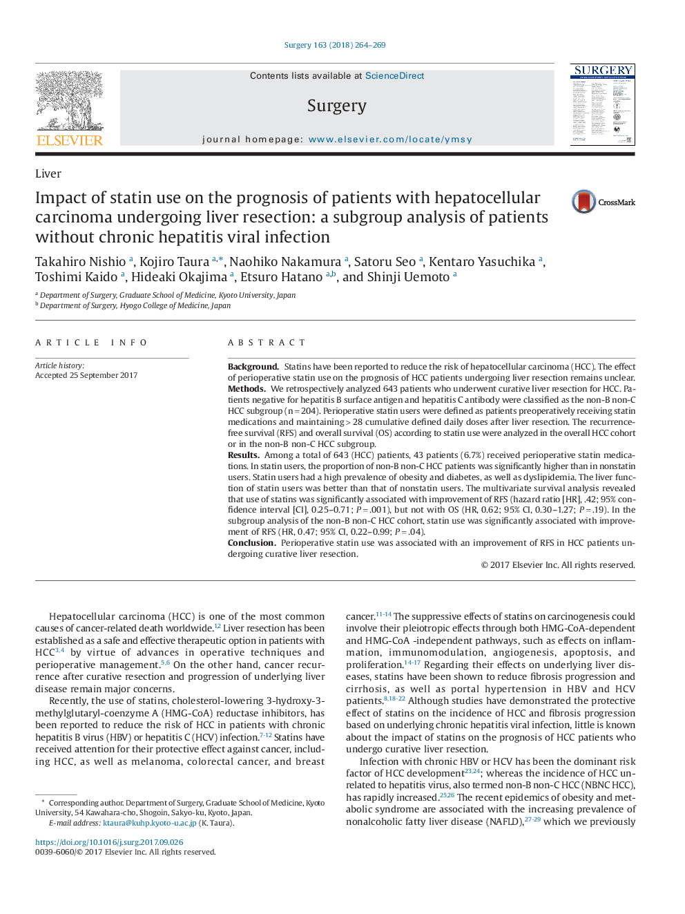 Impact of statin use on the prognosis of patients with hepatocellular carcinoma undergoing liver resection: a subgroup analysis of patients without chronic hepatitis viral infection