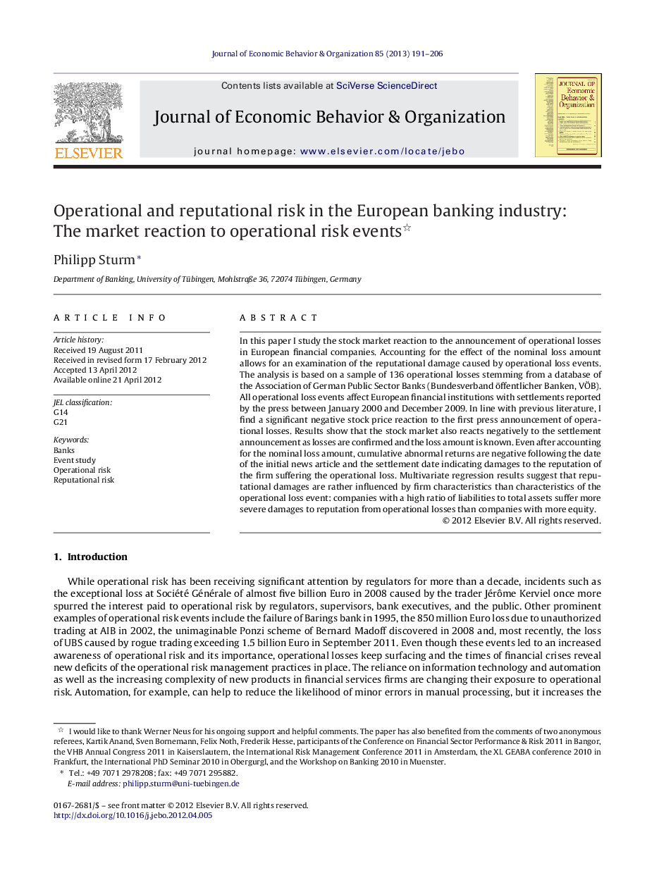 Operational and reputational risk in the European banking industry: The market reaction to operational risk events 