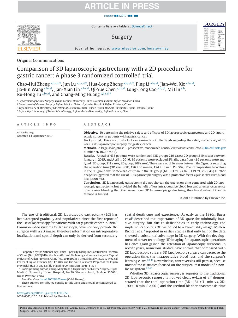 Comparison of 3D laparoscopic gastrectomy with a 2D procedure for gastric cancer: A phase 3 randomized controlled trial