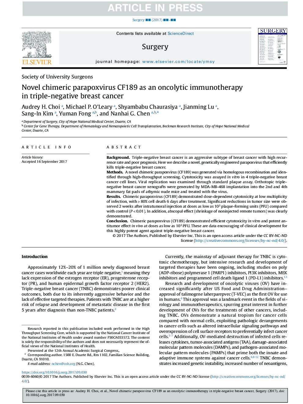 Novel chimeric parapoxvirus CF189 as an oncolytic immunotherapy in triple-negative breast cancer