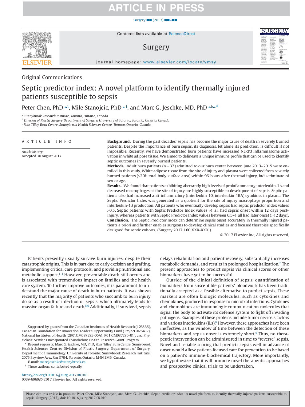 Septic predictor index: A novel platform to identify thermally injured patients susceptible to sepsis