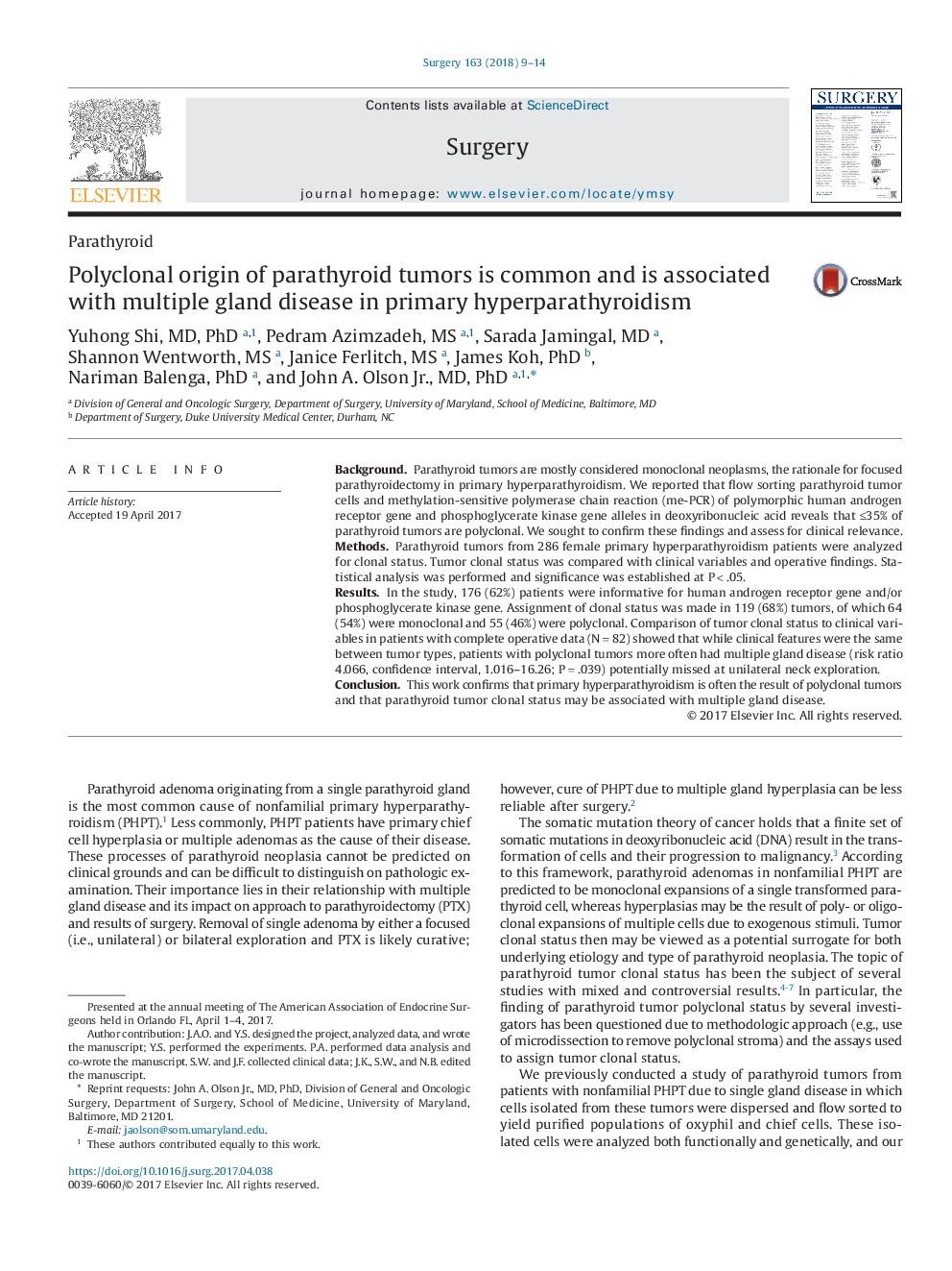 Polyclonal origin of parathyroid tumors is common and is associated with multiple gland disease in primary hyperparathyroidism