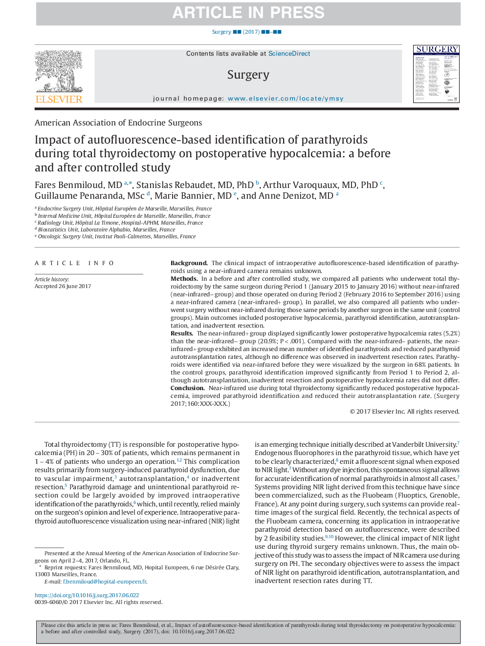 Impact of autofluorescence-based identification of parathyroids during total thyroidectomy on postoperative hypocalcemia: a before and after controlled study