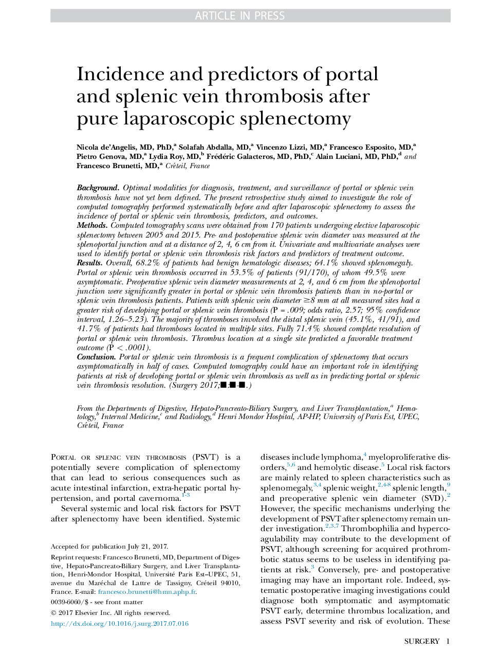 بروز و پیش بینی کننده ترومبوز ورید پورتال و اسپلنیک بعد از اسپلنکتومی لاپاروسکوپی خالص 