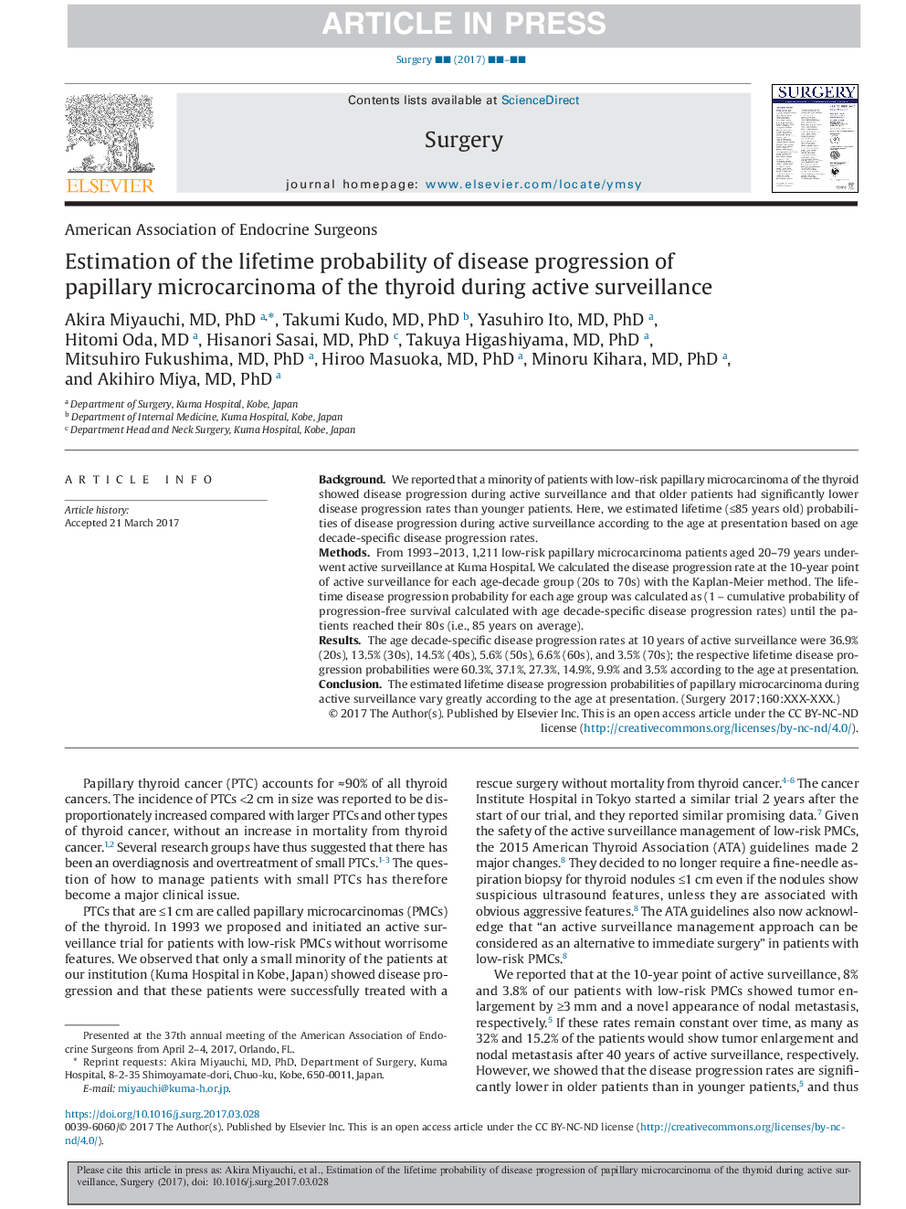 Estimation of the lifetime probability of disease progression of papillary microcarcinoma of the thyroid during active surveillance