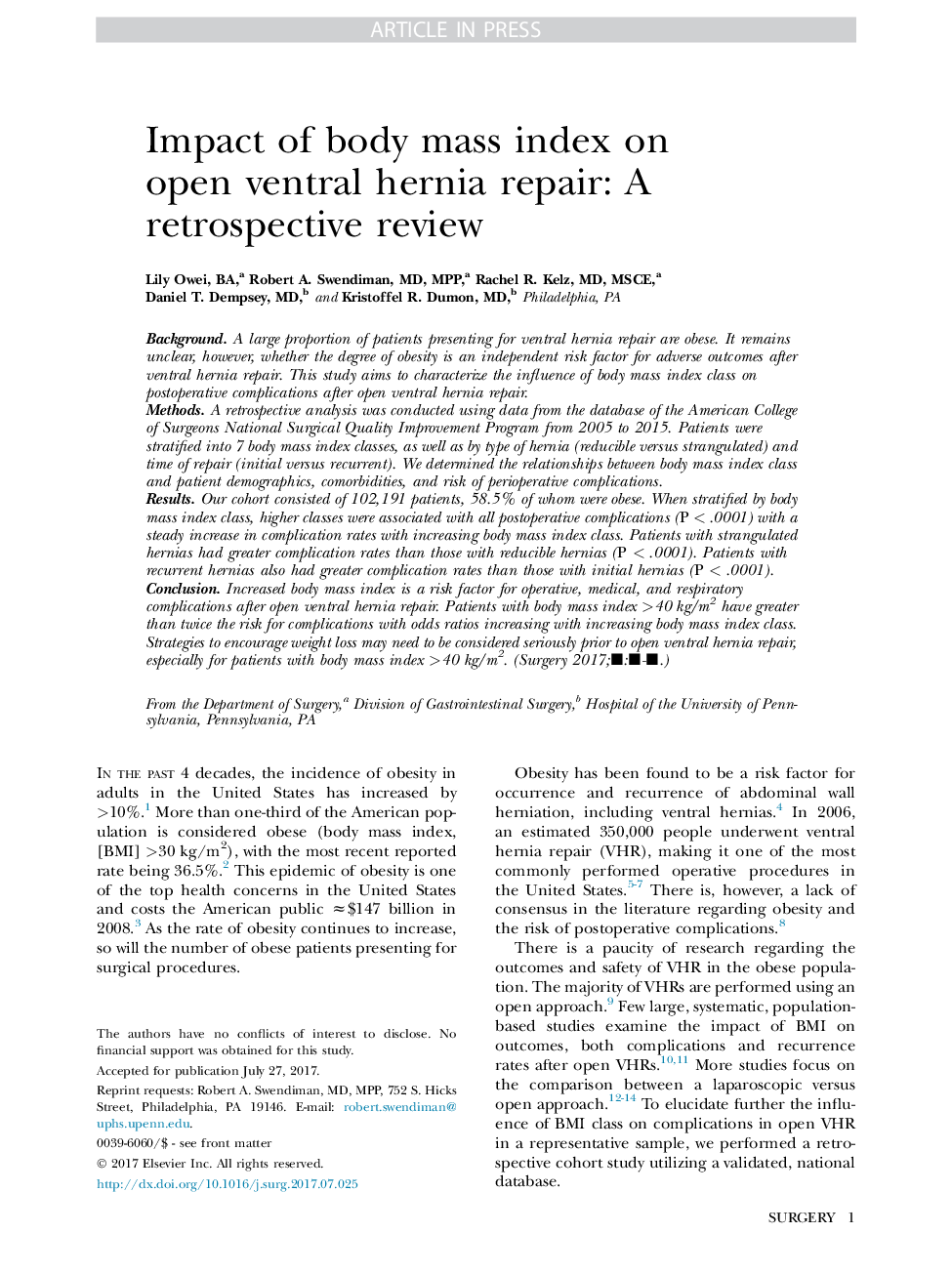 Impact of body mass index on open ventral hernia repair: A retrospective review