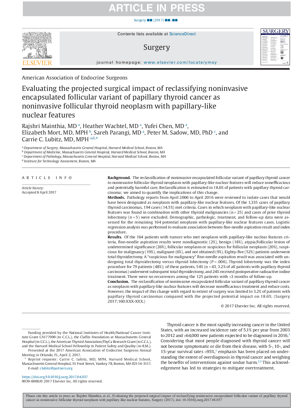 Evaluating the projected surgical impact of reclassifying noninvasive encapsulated follicular variant of papillary thyroid cancer as noninvasive follicular thyroid neoplasm with papillary-like nuclear features