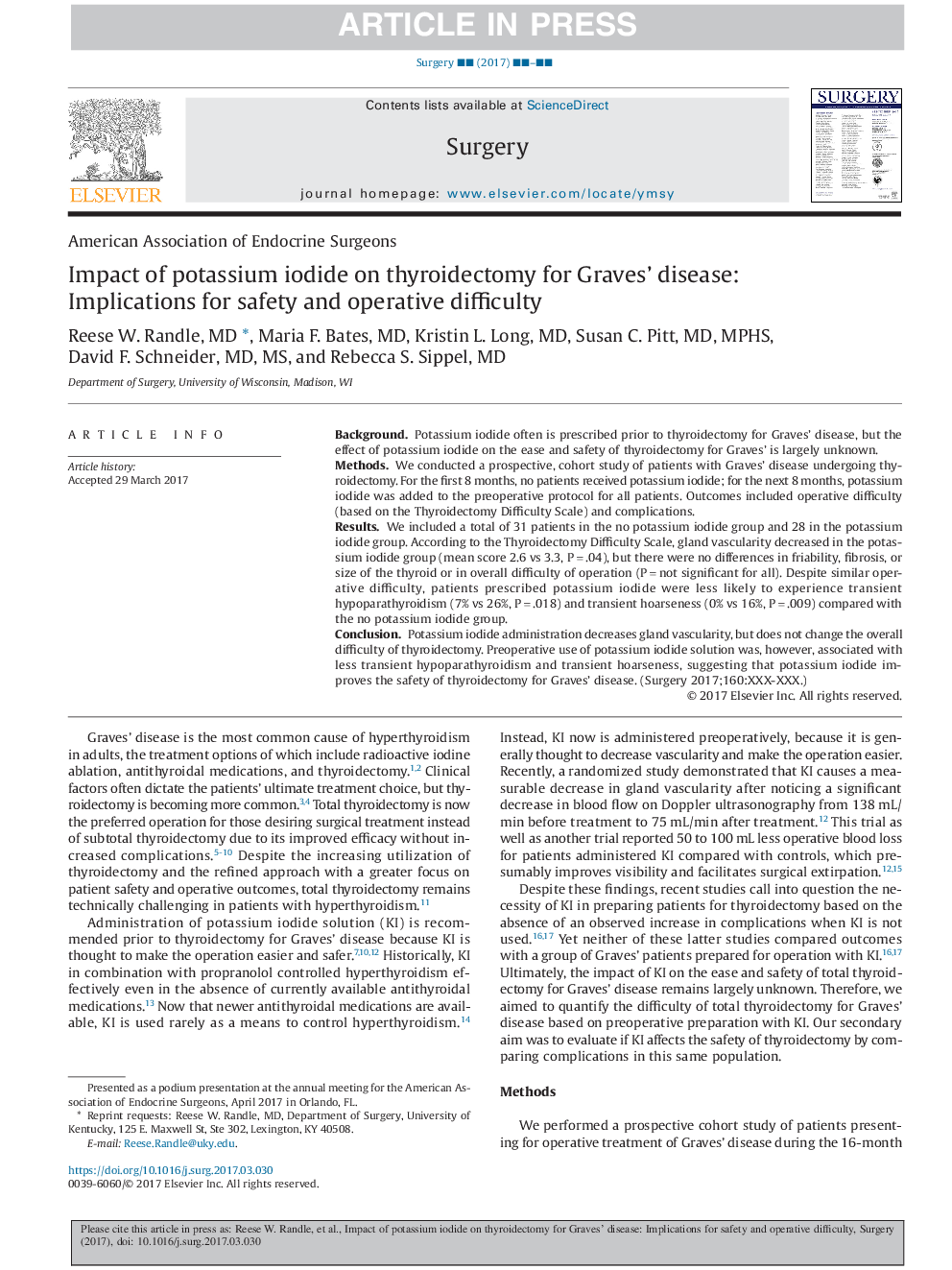 Impact of potassium iodide on thyroidectomy for Graves' disease: Implications for safety and operative difficulty