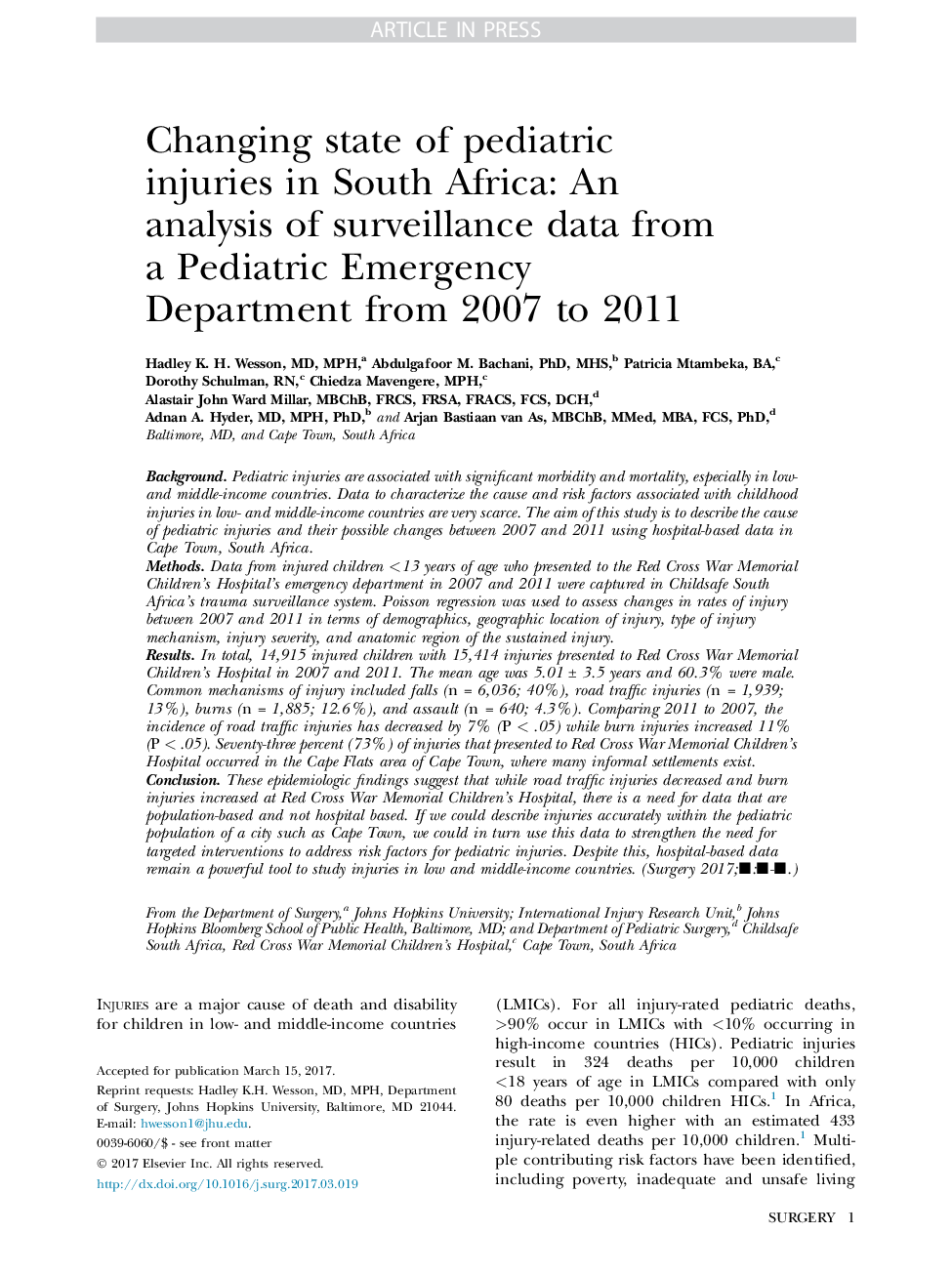 Changing state of pediatric injuries in South Africa: An analysis of surveillance data from a Pediatric Emergency Department from 2007 to 2011