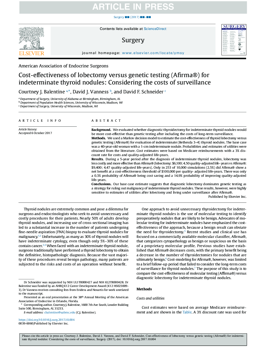 Cost-effectiveness of lobectomy versus genetic testing (Afirma®) for indeterminate thyroid nodules: Considering the costs of surveillance