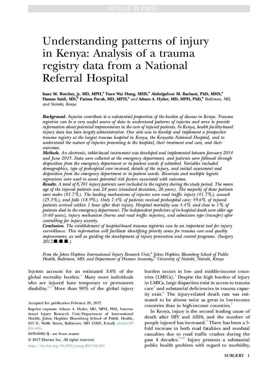 Understanding patterns of injury in Kenya: Analysis of a trauma registry data from a National Referral Hospital