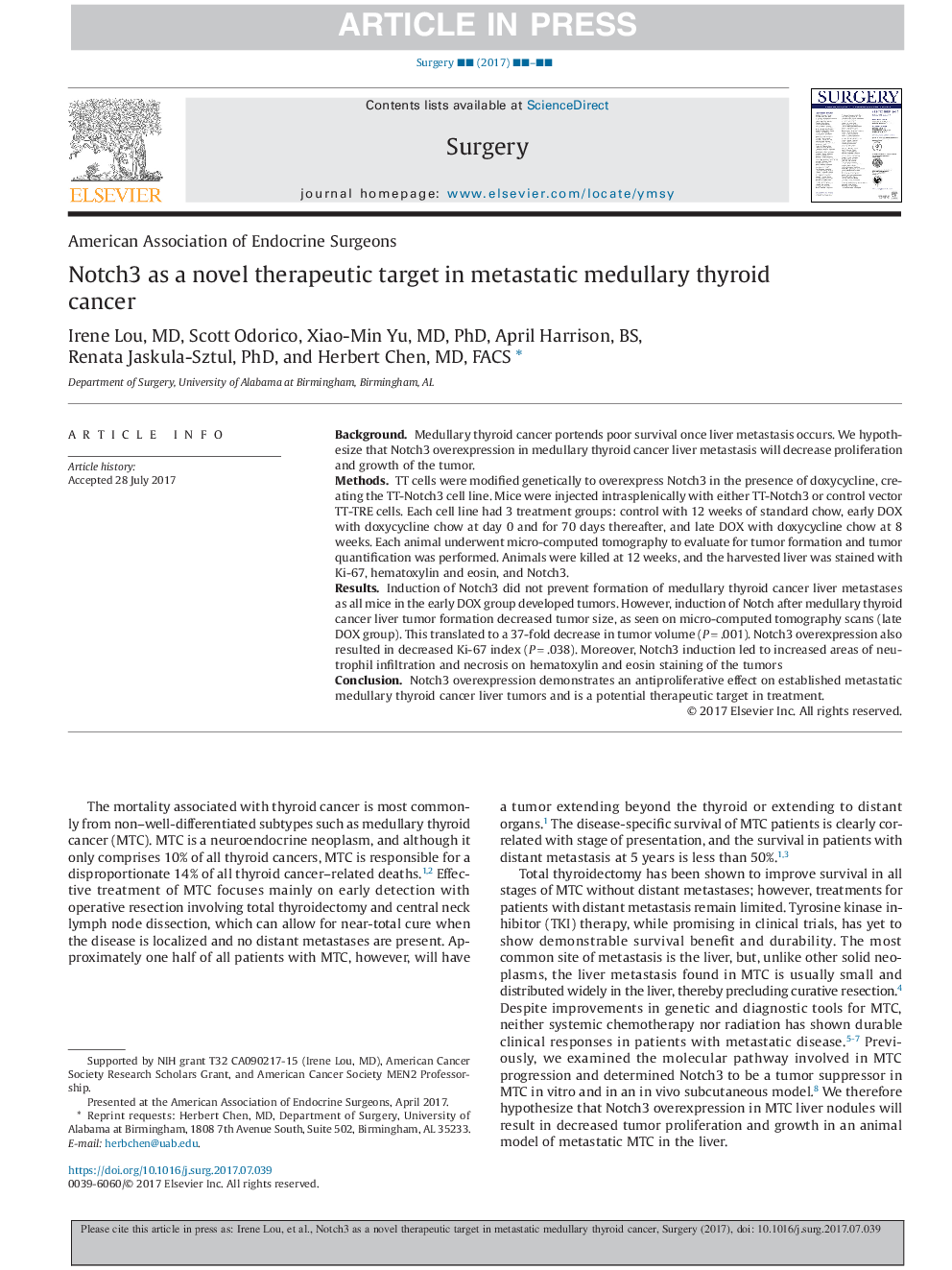 Notch3 as a novel therapeutic target in metastatic medullary thyroid cancer