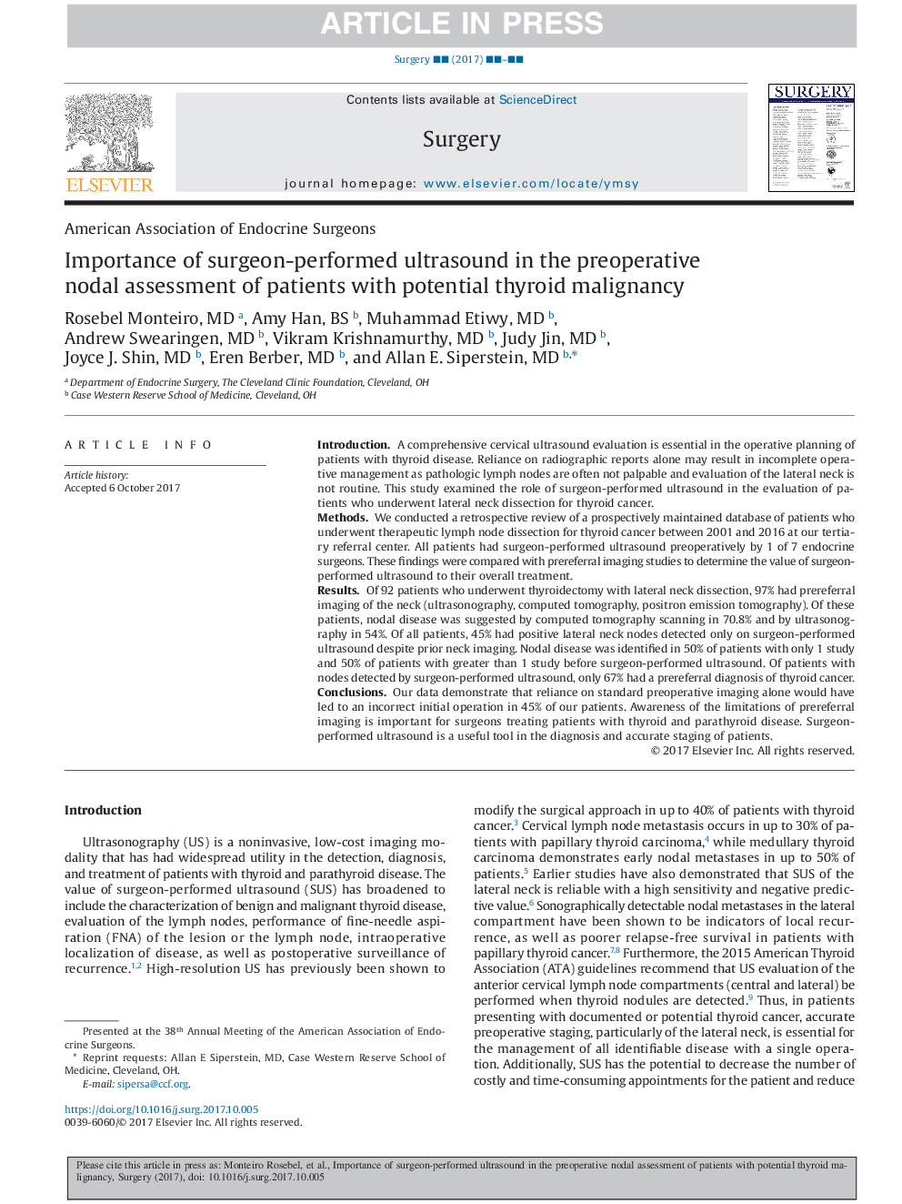 Importance of surgeon-performed ultrasound in the preoperative nodal assessment of patients with potential thyroid malignancy