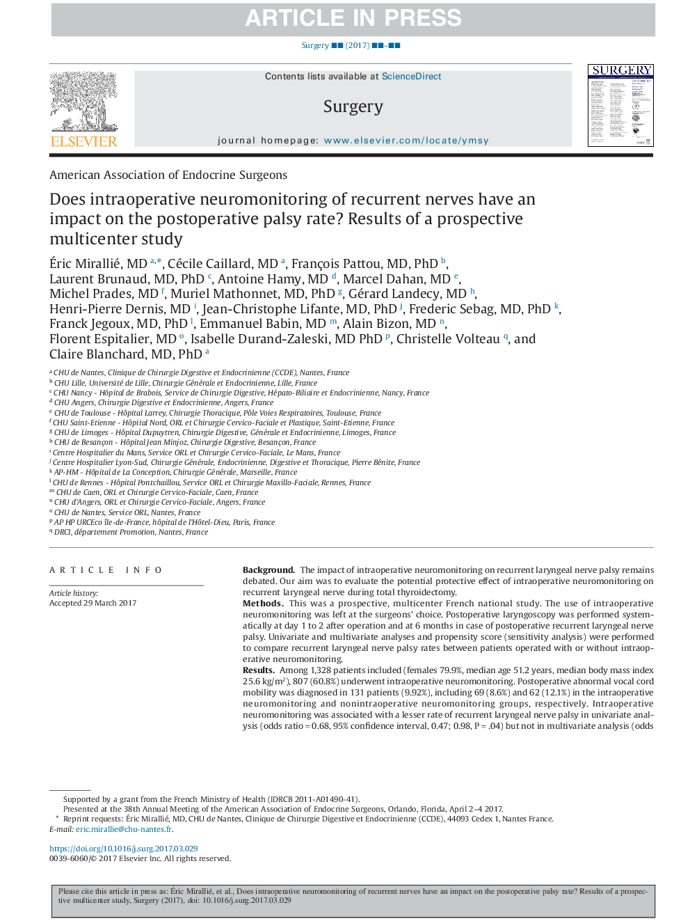 Does intraoperative neuromonitoring of recurrent nerves have an impact on the postoperative palsy rate? Results of a prospective multicenter study