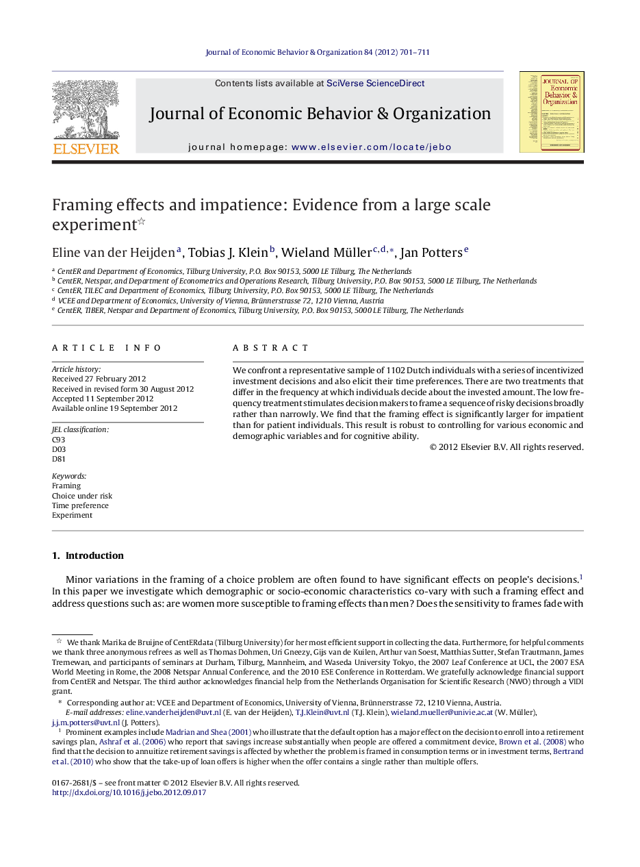 عکس صفحه اول مقاله: Framing effects and impatience: Evidence from a large scale experiment Framing effects and impatience: Evidence from a large scale experiment