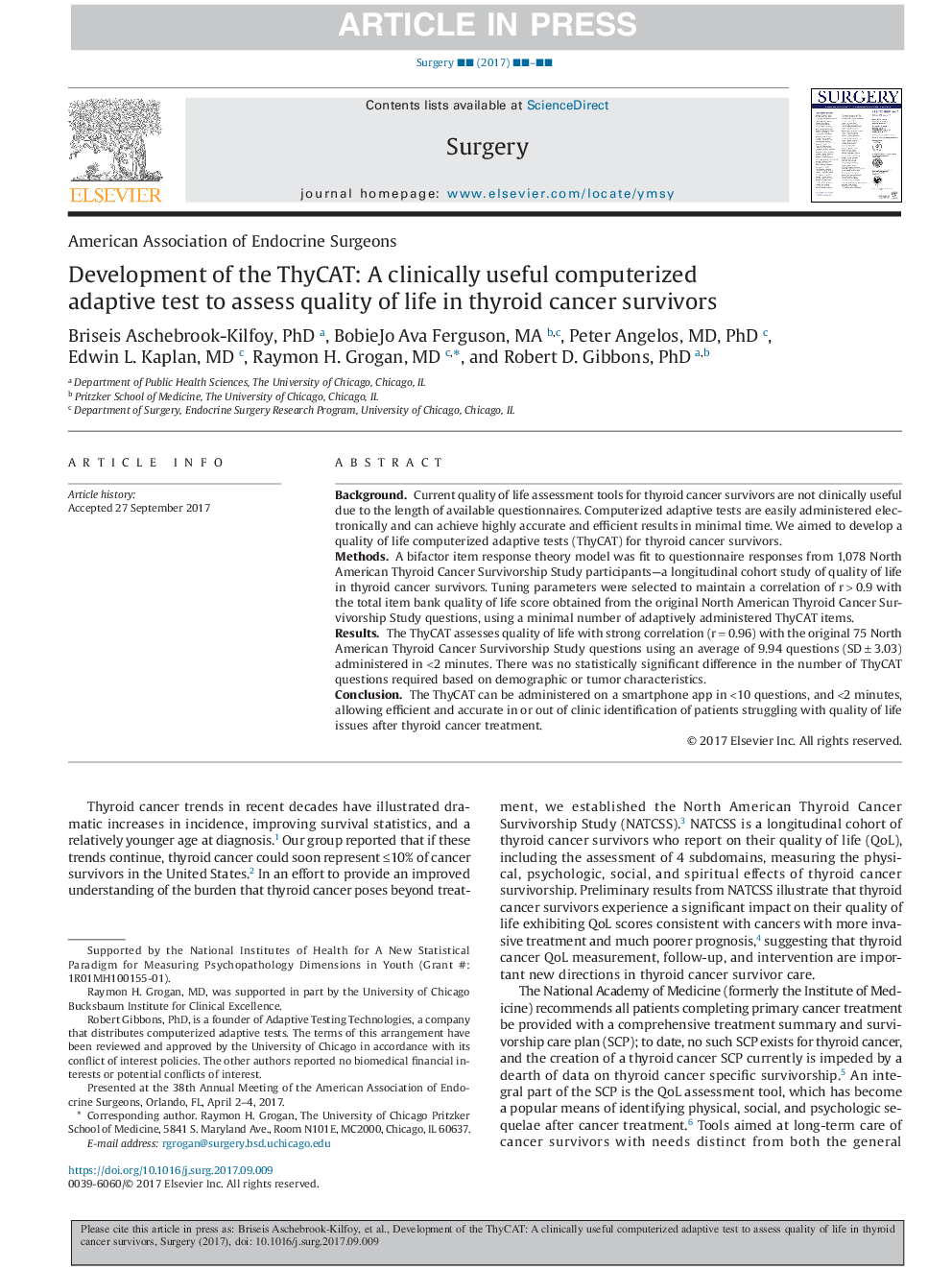 Development of the ThyCAT: A clinically useful computerized adaptive test to assess quality of life in thyroid cancer survivors