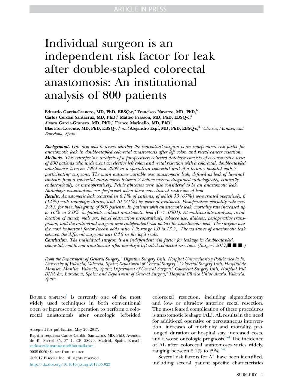 Individual surgeon is an independent risk factor for leak after double-stapled colorectal anastomosis: An institutional analysis of 800 patients