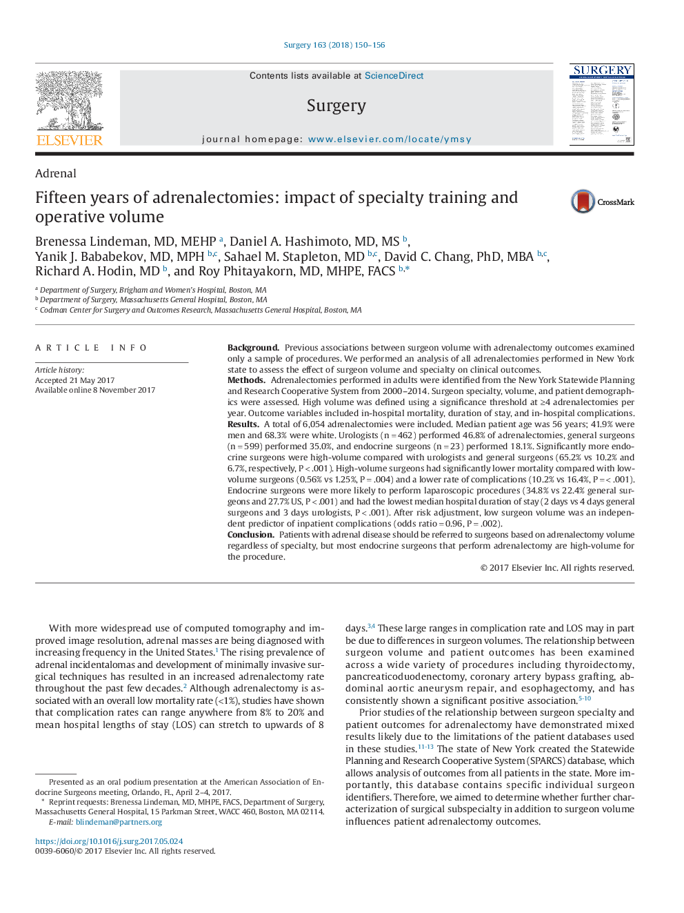 Fifteen years of adrenalectomies: impact of specialty training and operative volume