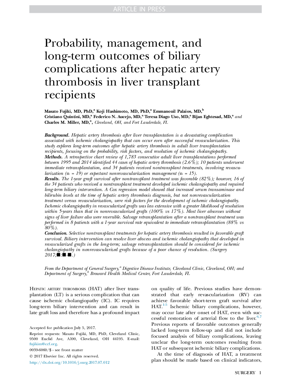 Probability, management, and long-term outcomes of biliary complications after hepatic artery thrombosis in liver transplant recipients