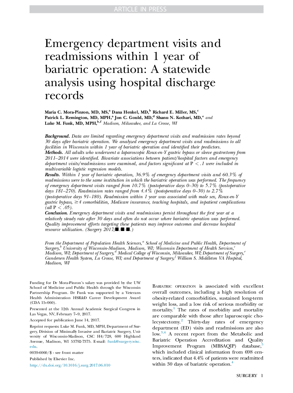 Emergency department visits and readmissions within 1Â year of bariatric surgery: A statewide analysis using hospital discharge records