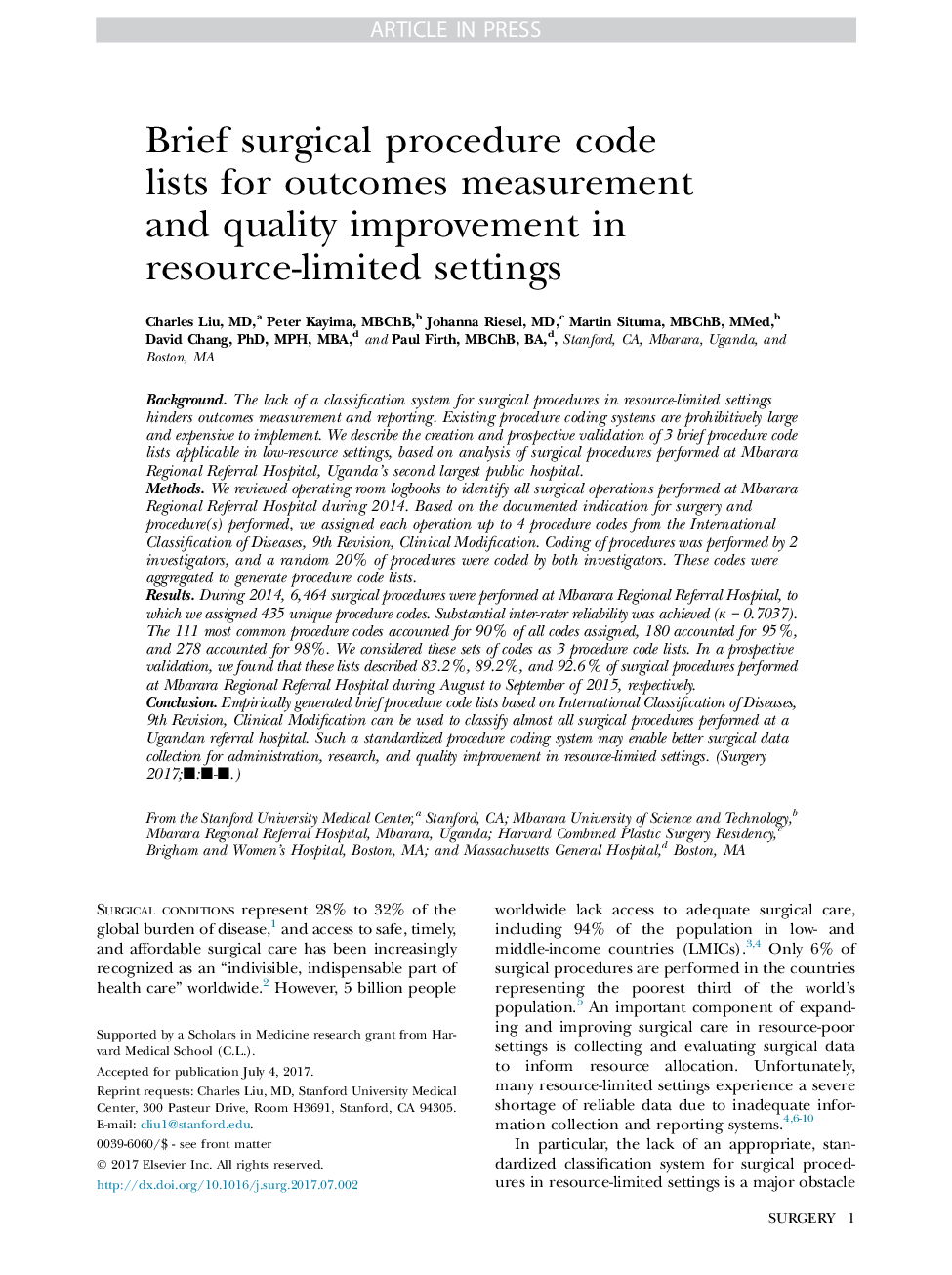 Brief surgical procedure code lists for outcomes measurement and quality improvement in resource-limited settings