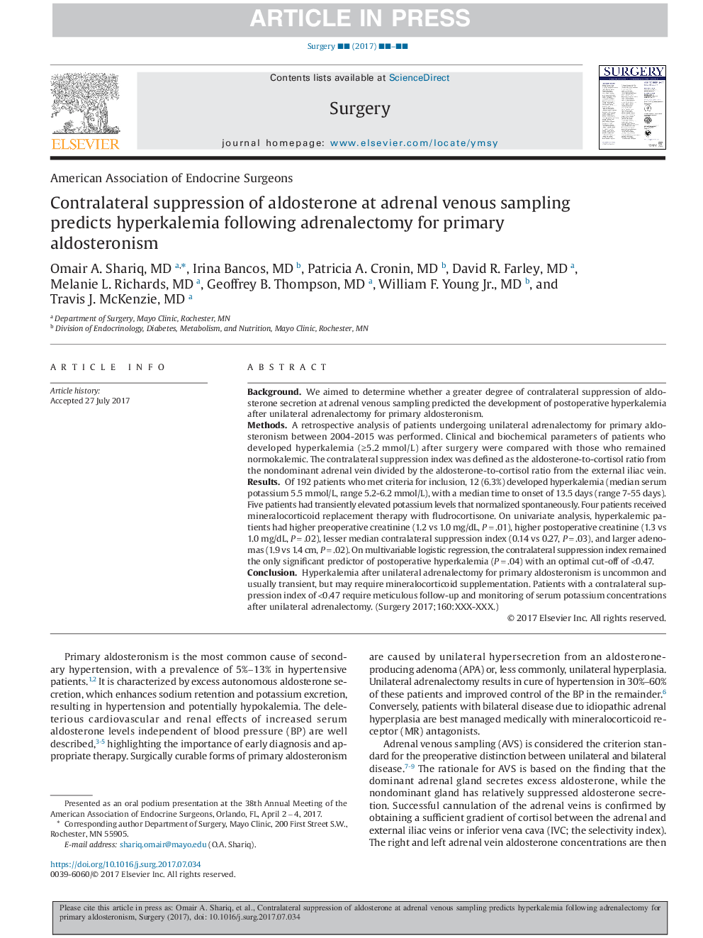 Contralateral suppression of aldosterone at adrenal venous sampling predicts hyperkalemia following adrenalectomy for primary aldosteronism