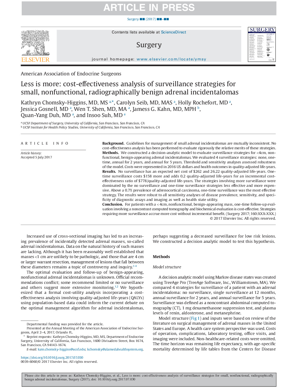 Less is more: cost-effectiveness analysis of surveillance strategies for small, nonfunctional, radiographically benign adrenal incidentalomas