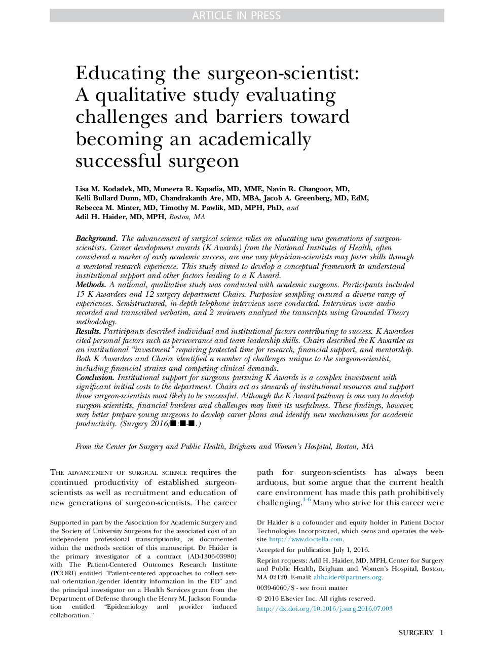 Educating the surgeon-scientist: A qualitative study evaluating challenges and barriers toward becoming an academically successful surgeon