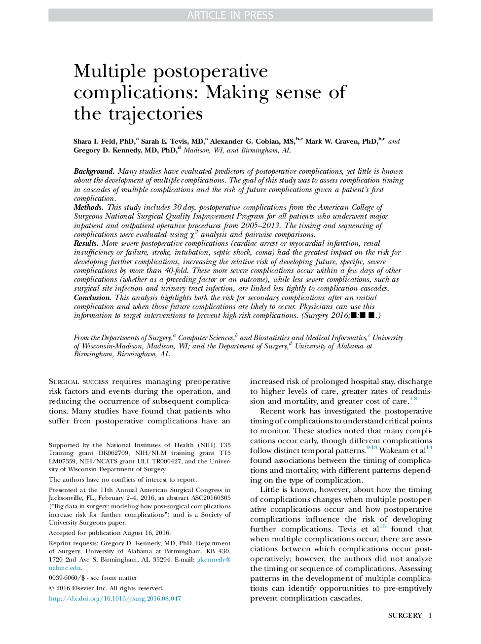 Multiple postoperative complications: Making sense of the trajectories