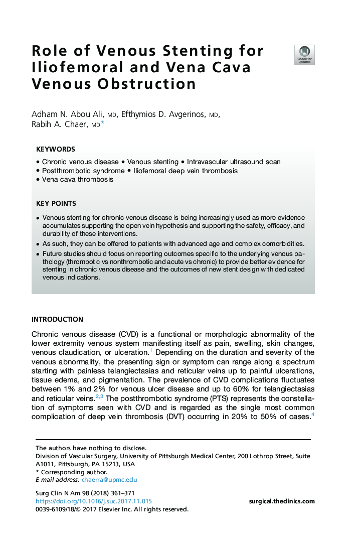 Role of Venous Stenting for Iliofemoral and Vena Cava Venous Obstruction