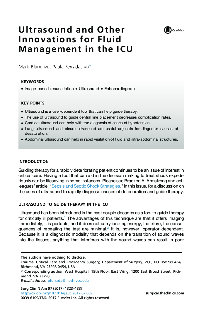 Ultrasound and Other Innovations for Fluid Management in the ICU