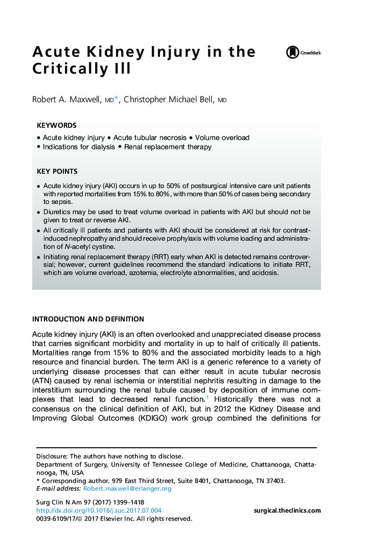 Acute Kidney Injury in the Critically Ill