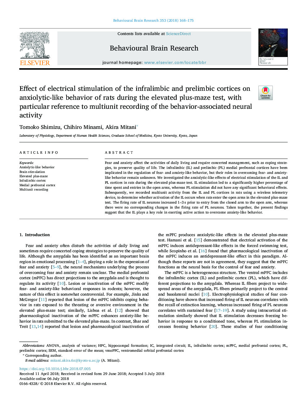 Effect of electrical stimulation of the infralimbic and prelimbic cortices on anxiolytic-like behavior of rats during the elevated plus-maze test, with particular reference to multiunit recording of the behavior-associated neural activity