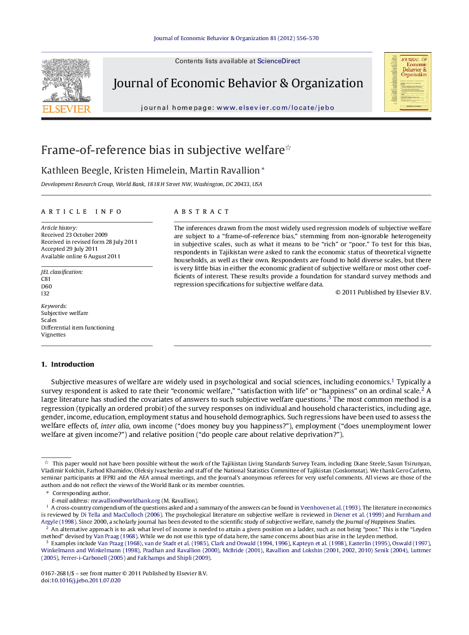 Frame-of-reference bias in subjective welfare 