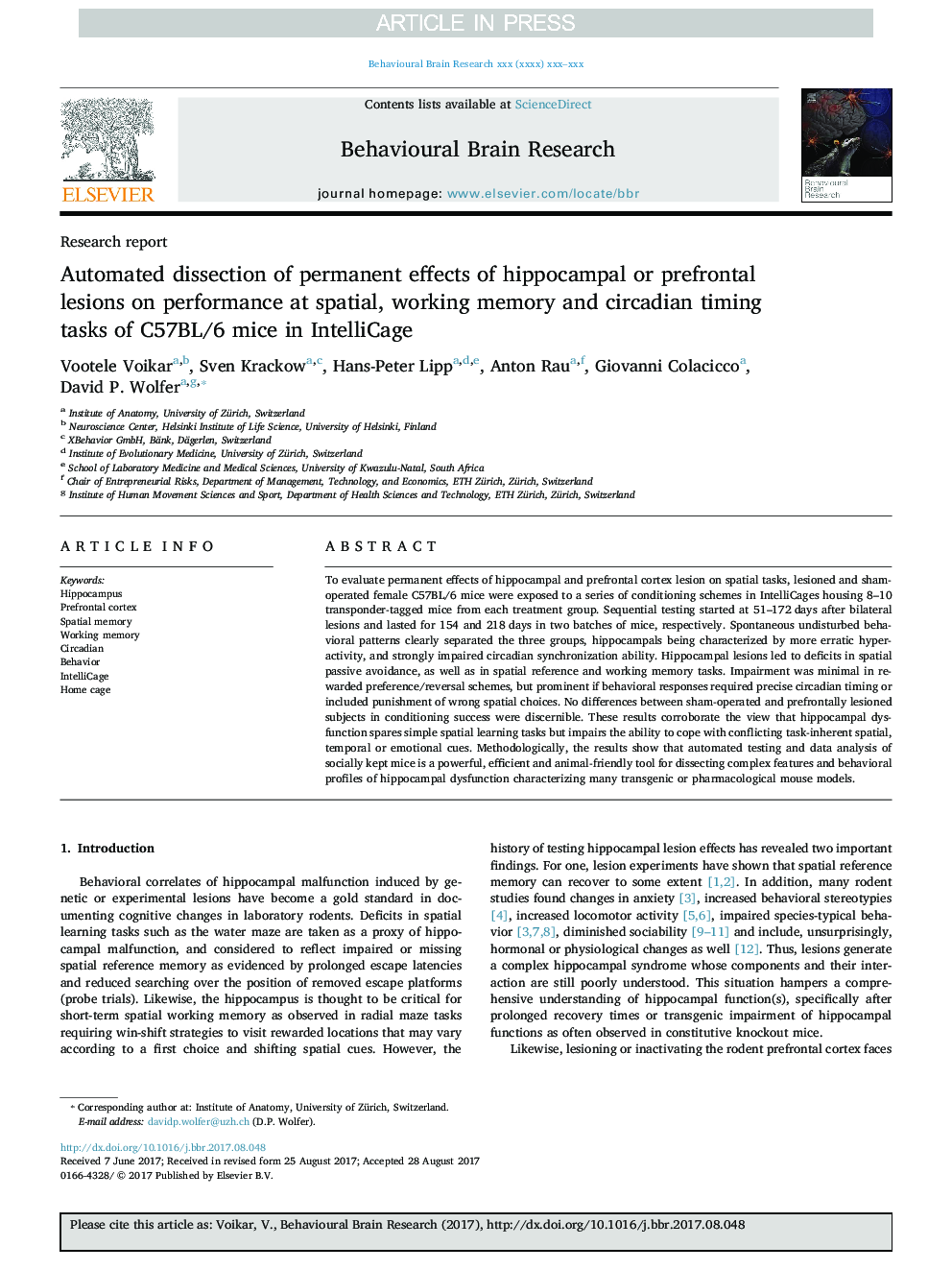 Automated dissection of permanent effects of hippocampal or prefrontal lesions on performance at spatial, working memory and circadian timing tasks of C57BL/6 mice in IntelliCage