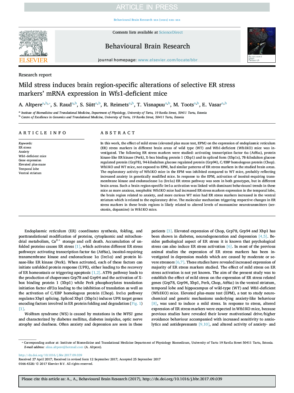 Mild stress induces brain region-specific alterations of selective ER stress markers' mRNA expression in Wfs1-deficient mice