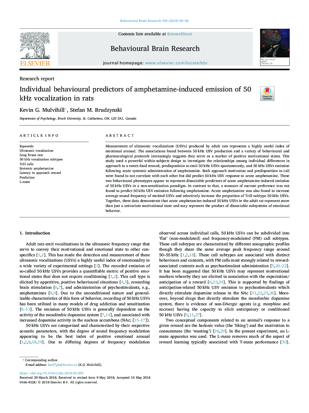 Individual behavioural predictors of amphetamine-induced emission of 50 kHz vocalization in rats