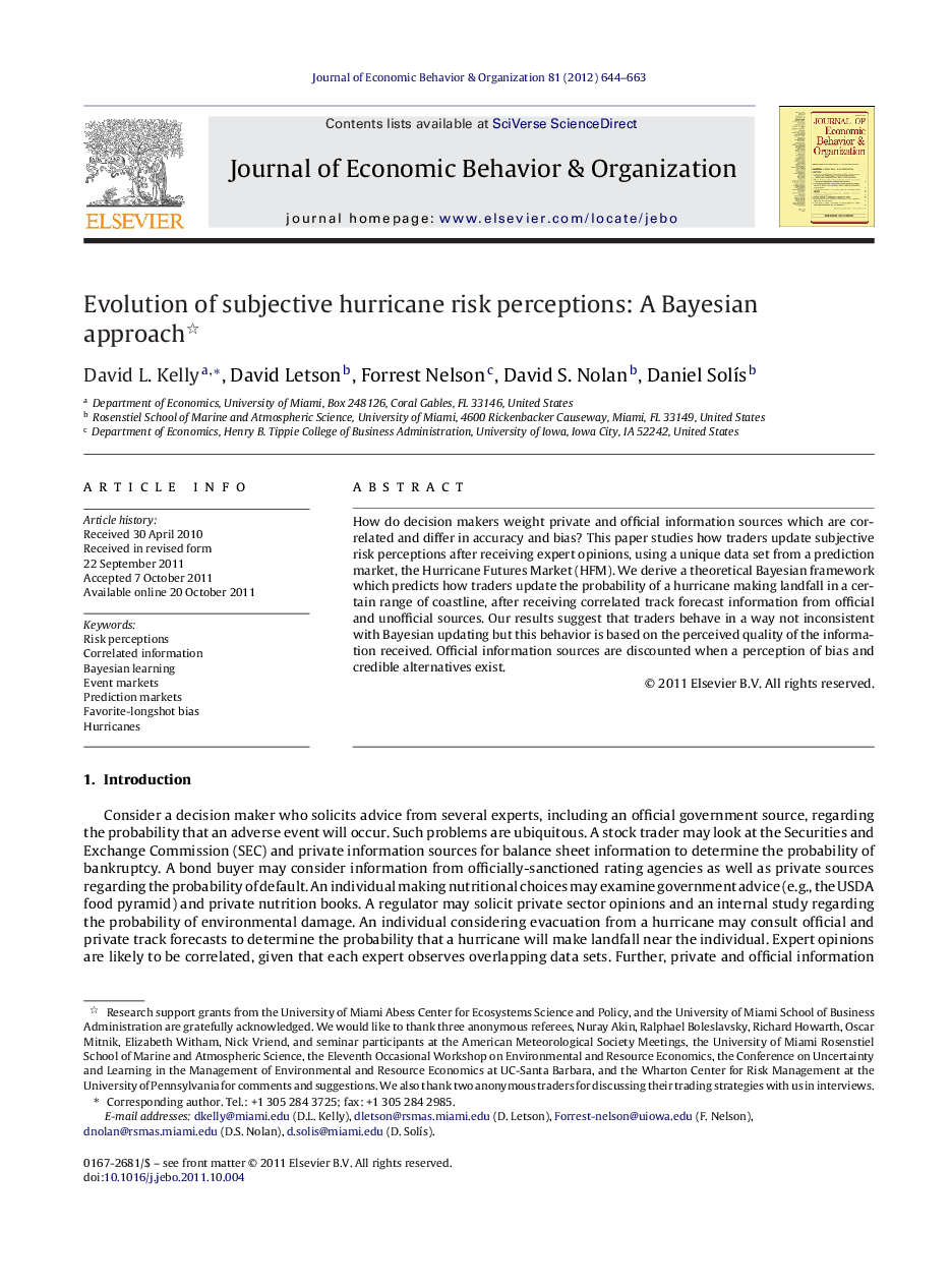 Evolution of subjective hurricane risk perceptions: A Bayesian approach 