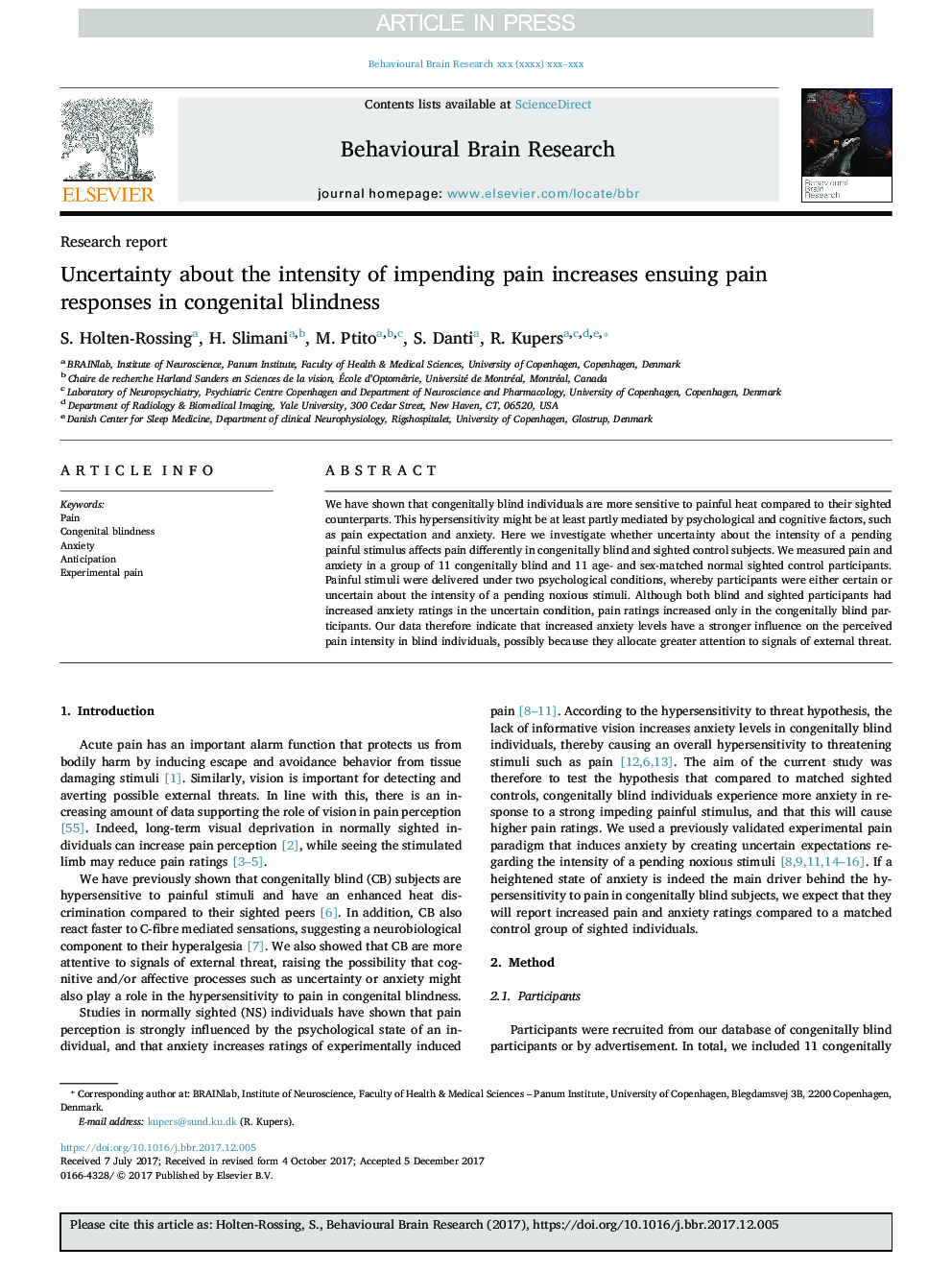 Uncertainty about the intensity of impending pain increases ensuing pain responses in congenital blindness