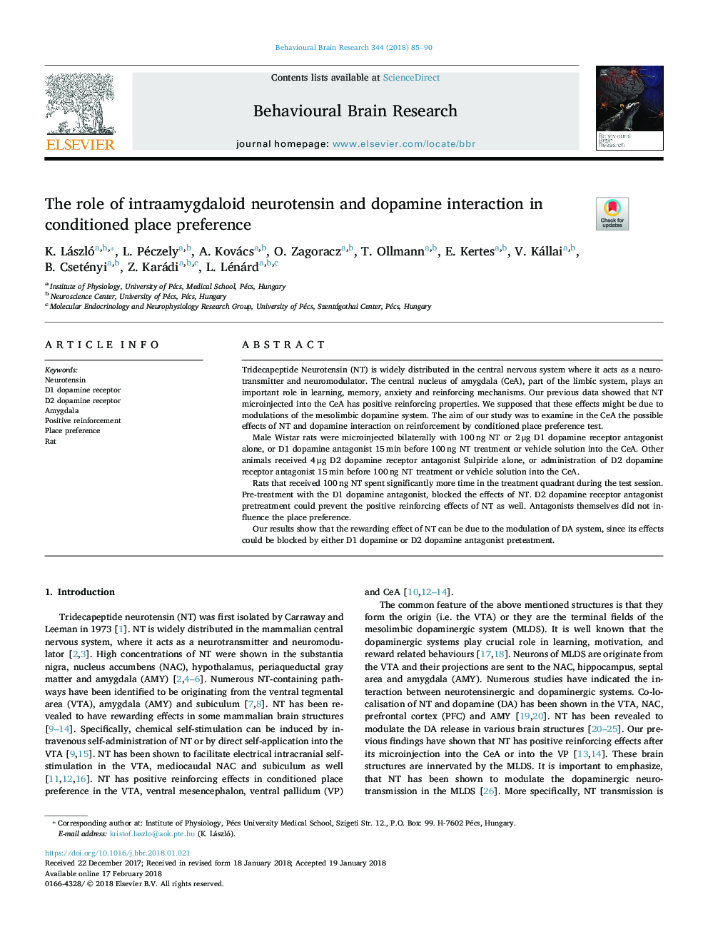 The role of intraamygdaloid neurotensin and dopamine interaction in conditioned place preference